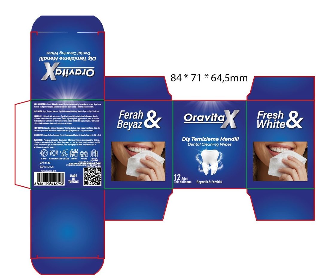 OravitaX diş temizleme mendili kutu dieline teknik çizimi, ölçülendirme notlarıyla
